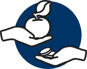 Blue and white icon of two hands holding an apple and coins