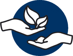 Blue and white icon of two hands holding soil and plants