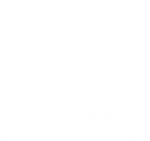 White icon of a cow in front of a barn eating grass